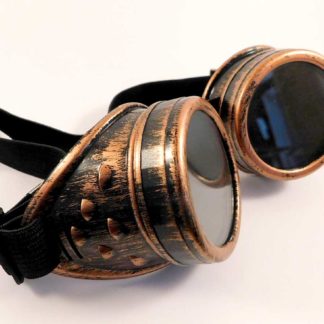 Brass coloured goggles with dark lenses and a black head strap
