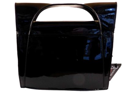 A back view of the black PVC handbag - just plain, no back pocket