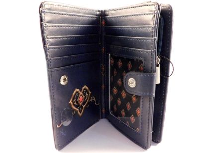 Inside the wallet showing the zipped coin purse, 8 credit card slots and one clear pouch for drivers license or photos