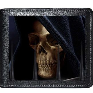 A black wallet with a skeletal face stares out from under a deeply cowled hood rendered in lenticular 3D