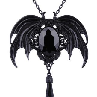The necklace chain is black, the pendant has black bat wings and a polished black stone as a centrepiece