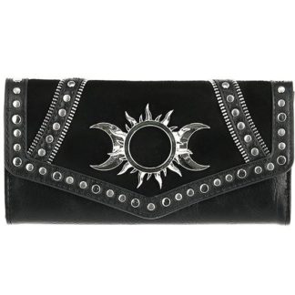The front of the triple goddess wallet features a sun burst design in metal with half moons either side. It has metal rivets detailing the shape of the front fold.