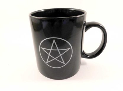 A good sized black mug with silver pentagram