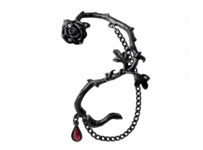 Ear cuff / wrap has a black rose at the top, black branch with a chain that hangs from the top to the bottom. The earring threads through a piercing at the lobe and clips on behind.