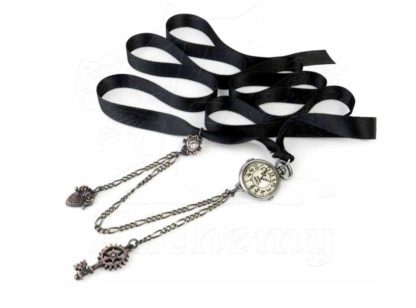 The thin (1cm wide) black ribbon is long - and you can tie it as a choker, firmly against your neck, or hanging down as a necklace