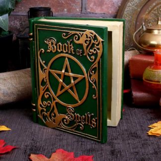 The book of spells with the lid slightly open to reveal the space inside the book