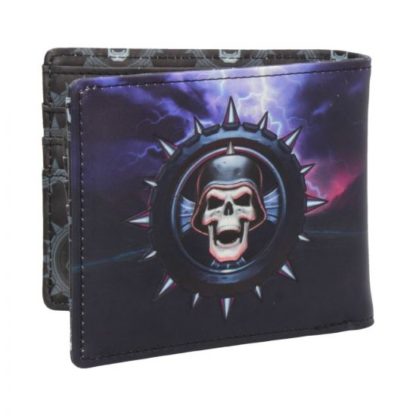 Back of the wallet - a grinning skull inside a spiked wheel