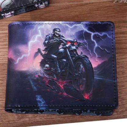 A grinning skull with helmet and leather jacket rides a motorbike with a backdrop of lightening