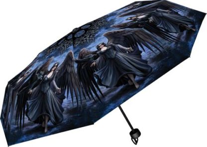 An dark angel with magnificent black and grey wings - she has a raven on her arm and there are dark clouds swirling behing her. A statement umbrella!