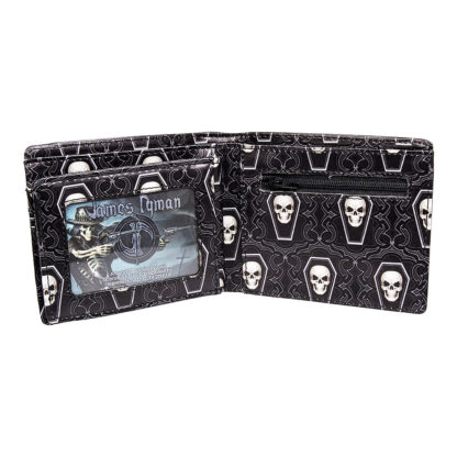 Inside the wallet there is a skull inside a coffin shape repeated