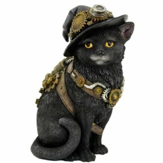 A black steampunk clockwork cat with a witches hat