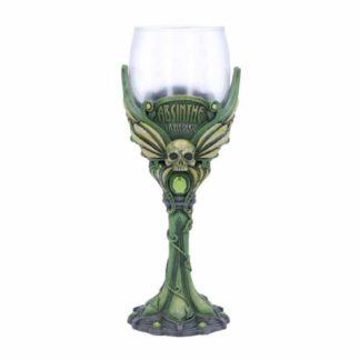 Front of the goblet showing a skull with wings on either side stretching to cup the wine glass insert - all in green