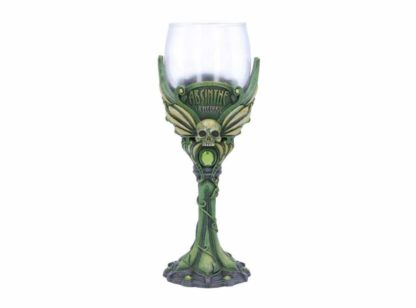 Front of the goblet showing a skull with wings on either side stretching to cup the wine glass insert - all in green