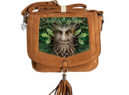 A brown suede-like handbag inset with a 3D holographic green man - leafy branches come out from his head, curled roots from his chin with acorns down the bottom.