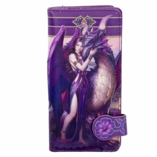 An angel with sweeping purple wings lovingly snuggles a purple dragon