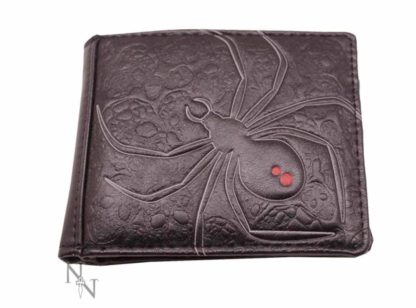 A black widow spider dominates the front of this wallet - it is sitting over a sea of skulls - all embossed into the black PU leather