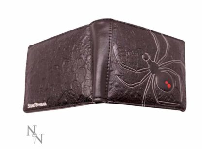 The wallet open showing the back is embossed with a sea of skulls