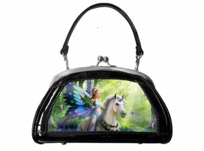 This small evening bag is shiny black PVS with a holographic image depicting a fairy with blue wings riding a white unicorn in a green sun dappled forest