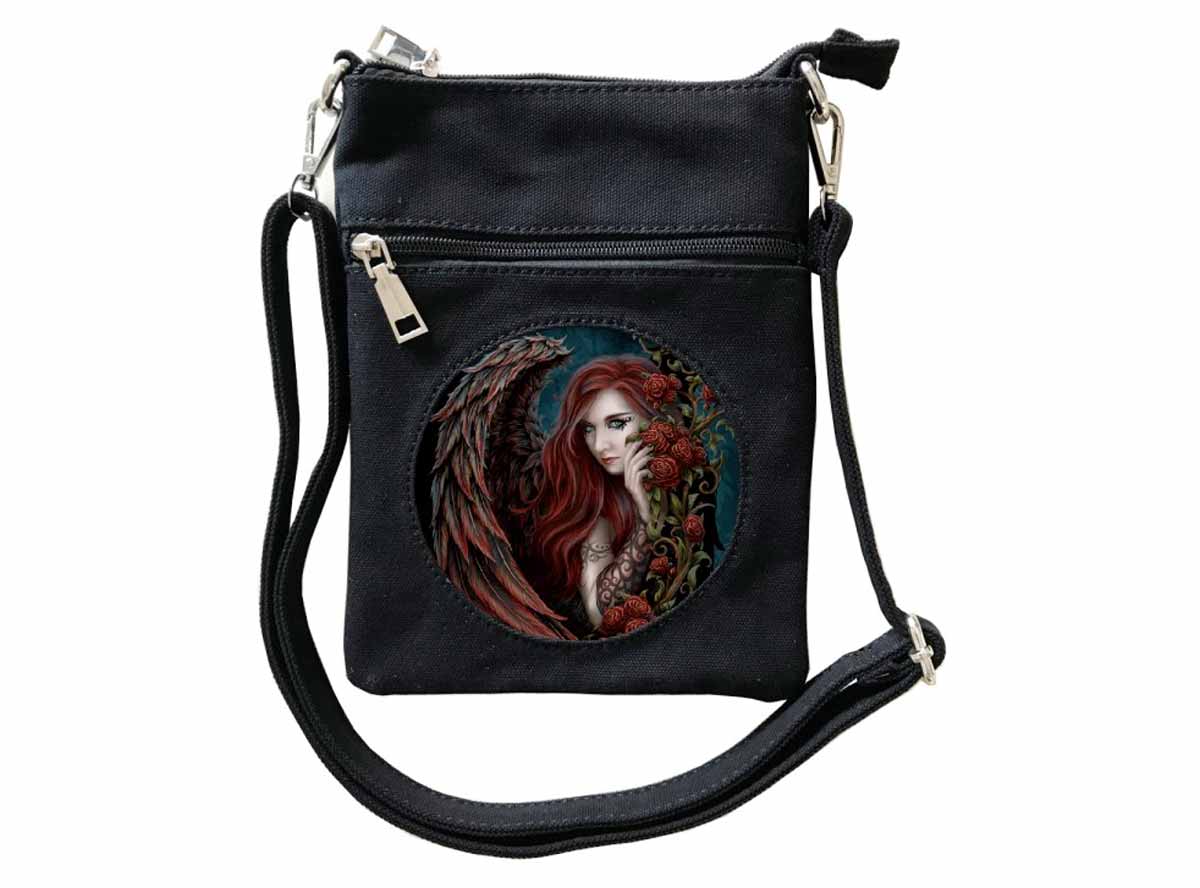 A black shoulder bag inset with a 3d image of a fallen angel with red hair and red wings peeking out from behind a bower of red roses