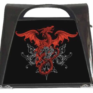A stiff PVC handbag with a 3D image of a red dragon, wings outstretched, grasping a bunch of grey roses