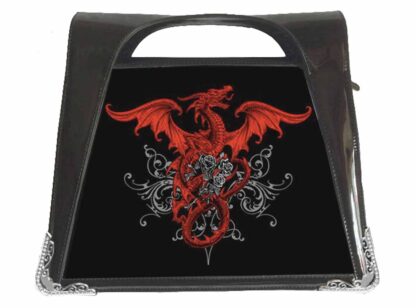 A stiff PVC handbag with a 3D image of a red dragon, wings outstretched, grasping a bunch of grey roses