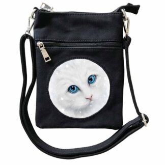 A canvas shoulder bag with a round central decorated piece showing a fluffy white cat with blue eyes rendered in 3D