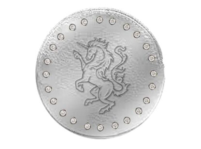 Back of the coin purse has a rampant unicorn embossed in the silver PU leather surrounded by diamante studs for a bit of extra bling
