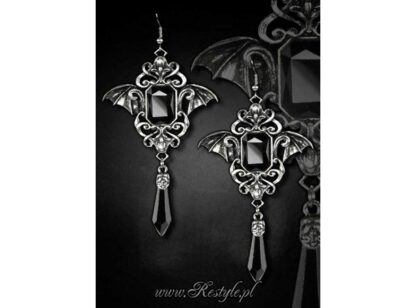 A squarish black jewel sits in a swirling black and silver metal design with bat wings stretching either side, a black tear drop bead hangs from the bottom.