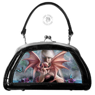 A small evening bag in shiny PVC with handle, triangular in shape the main 3d image is a blonde lady holding a orange and red baby dragon