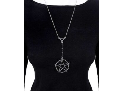 This is a long necklace - the pentagram hangs below the chest area, there is a drop chain connecting the pentagram to a triangular connector which sits just above the chest which is connected to the main chain around the neck
