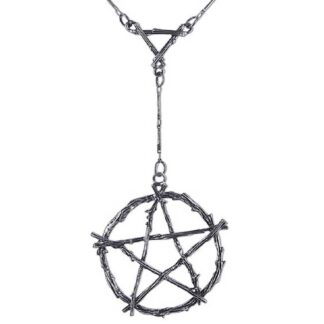 A necklace in black brushed silver, the central piece is an upright pentagram formed of thin branches, it is connected to the necklace chain via a drop chain to a triangular connector
