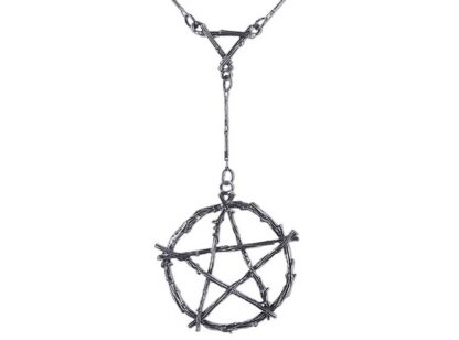 A necklace in black brushed silver, the central piece is an upright pentagram formed of thin branches, it is connected to the necklace chain via a drop chain to a triangular connector