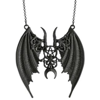 A black pendant on a black chain, the penant is dominated by bat wings - between the wings are long horns sitting above a pentagram and crescent moon