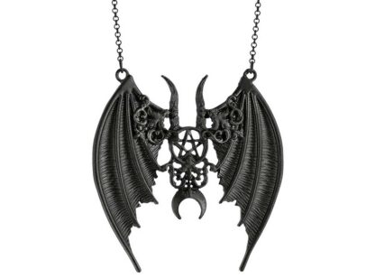 A black pendant on a black chain, the penant is dominated by bat wings - between the wings are long horns sitting above a pentagram and crescent moon