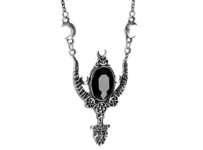 A side view of the necklace emphasising the facets of the central black gem, the metal is a black-brushed silver.