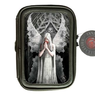 A tablet case with an angel, wings outstretched, clasping a red rose in her hands pressed together in prayer. A skull looks over her shoulder.