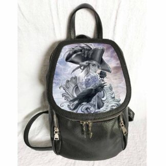 This small backpack has a panel on the opening flap showing a woman with a swirling tenticle tattoo over her shoulder. She's holding a black rose and a crow sits beside her. The background is a stormy sky.