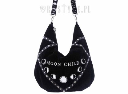 The moon child sack handbag has the words moon child embroidered across the front - beneath are the phases of the moon - all embroidered in white. The bag is black velvet.
