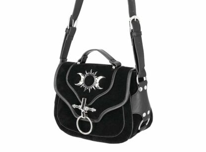 Triple Goddess handbag - a compact rectangular shape with handle on top and long adjustable shoulder strap. On the front flap is a sun edged with two crescent moons in silver allow. A silver o-ring hangs at the bottom of the flap for easy opening
