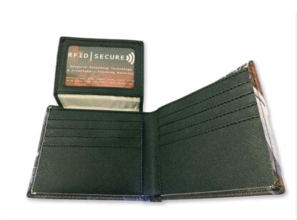 Inside the wallet with the flap opening upwards showing a clear RFID protected pouch