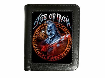 This rectangular black wallet is inset with a 3d image of a skeleton knight holding a bloody sword, surrounded by a circle of red runes and the words age of iron inscribed above him