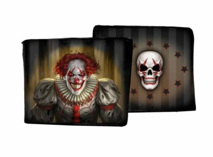 The front and back of the wallet - the front has a grinning clown with bright red nose, white face paint and crazy red hair, the back is a white skull with red clown make up surrounded by embossed stars