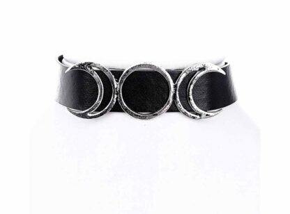 A black faux leather collar - 2 cm high - with a silver metal full moon and two half moons either side that sit on top of, and slightly above and below the collar