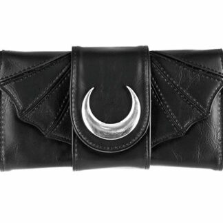 The front of this purse has stitched in bat wings with a silver metal moon down the centre
