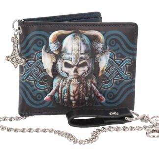 A fierce skull with a helmet with horns and a plaited beard gazes at you, crossed axes behind it and a blue and black tribal design as a backdrop to the image on this Viking wallet