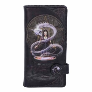 The front of the purse features a young girl in a purple flowing dress in front of a black cauldron with a white snake-like dragon emerging and swirling around her. There is a big pentagram inscribed on the wall behind her.