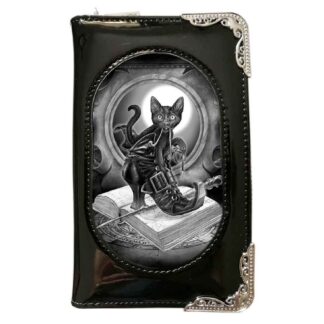 The front flap of this purse has a 3d image of a black cat tugging on the lace of a heeled black witch boot. They - along with a wand - are perched on a book inscribed with alchemical symbols.
