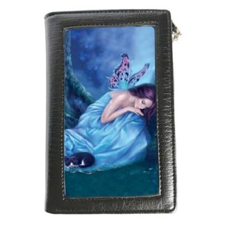 This purse features an image of a sleeping girl clad in shimmering blue with a tiny cat sleeping at her side - butterfly wings stretch out behind her