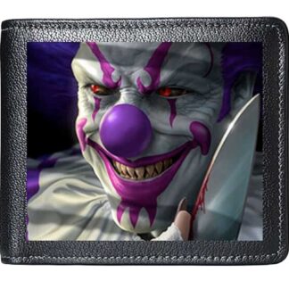 This wallet features an image of a creepy clown, staring at the viewer with an evil grin on his face. He holds aloft a bloody knife and has a purple clown bobble nose and purple and white clown makeup