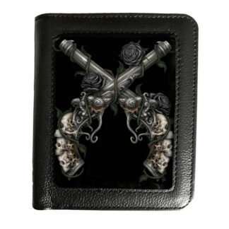 Inset into the front of this black wallet is an image of two six shooter guns, crossed at the barrels. The handles are decorated with skulls and roses.